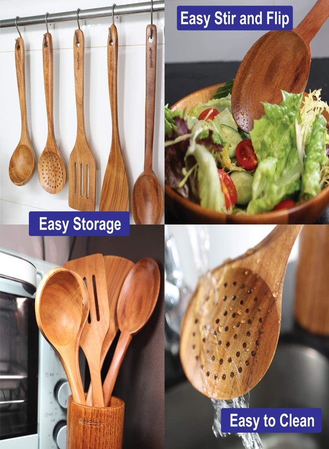 StarBlue Acacia Wooden Utensils Set 6 Pcs - Non-Scratching Durable Natural Wood Cooking Spatulas & Spoons for Nonstick Cookware with Holder - Image 4